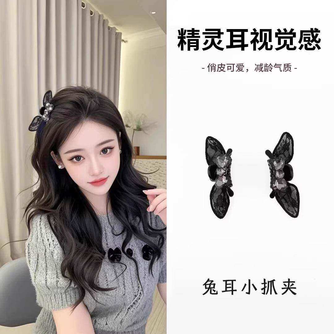 AB面水钻蝴蝶结发夹甜美蕾丝兔耳朵抓夹女侧边刘海夹头饰新款kj34