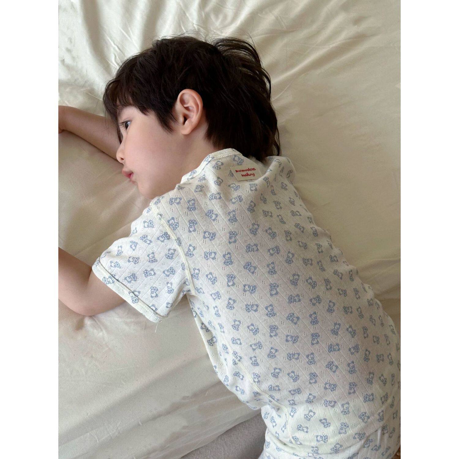 韩儿童A类纯棉背心短袖睡衣男女童短袖短裤网眼呼吸棉家居服套装5