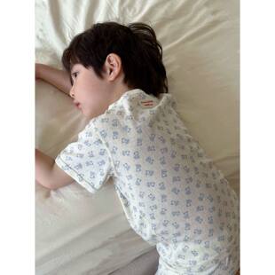 韩儿童A类纯棉背心短袖睡衣男女童短袖短裤网眼呼吸棉家居服套装5