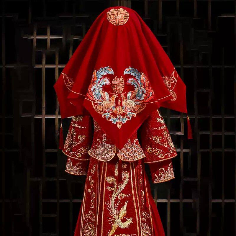红盖头新娘结婚头纱中式秀禾服复古红色绣花缎面流苏蒙头刺绣喜帕