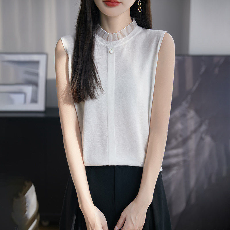 2026春季蕾丝内搭无袖羊毛衫木耳边衬衫针织打底衫背心女立领气质