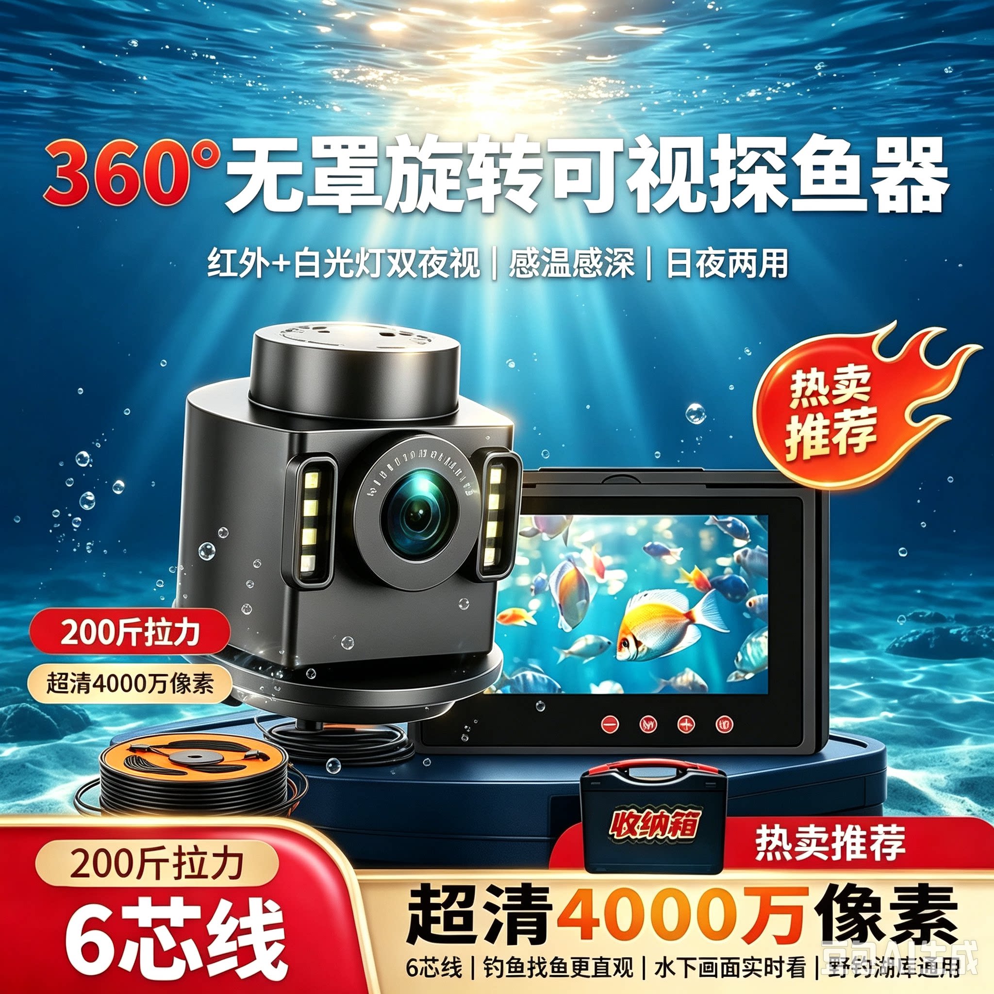 360度新款全景水下超清探鱼器感温感深摄像头钓鱼看鱼猫鱼可视浑