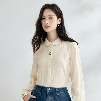 全棉田园文艺绣花衬衫女2026秋季新款舒适休闲翻领长袖衬衣