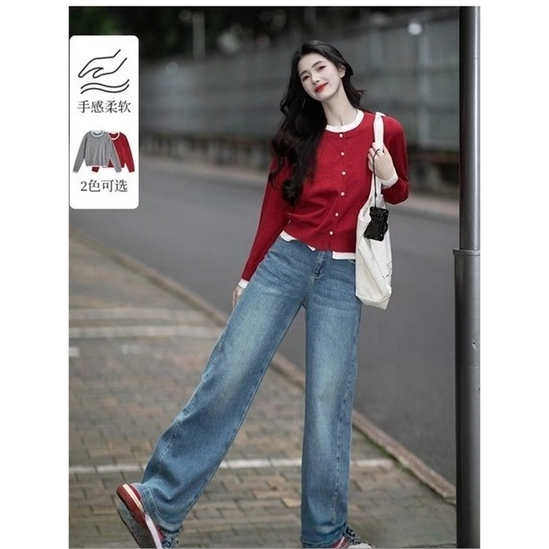 撞色圆领拼接针织开衫女2025年秋季新款安可拉红圆领毛衣外套