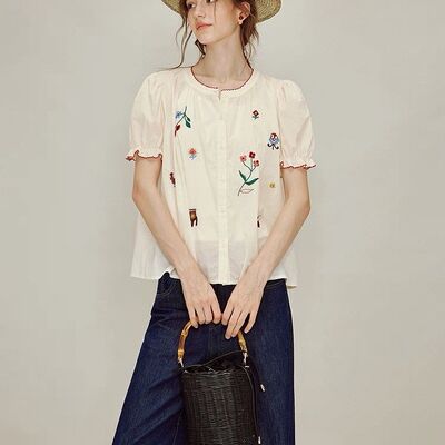 黄玫瑰刺绣花卉泡泡袖衬衫女2026年夏季新款法式娃娃衫宽松衬衣