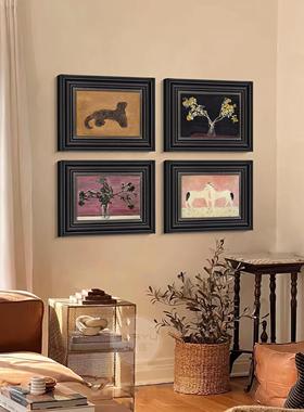 中古风常玉金钱豹客厅沙发背景墙法式装饰画入户玄关黑色边框挂画
