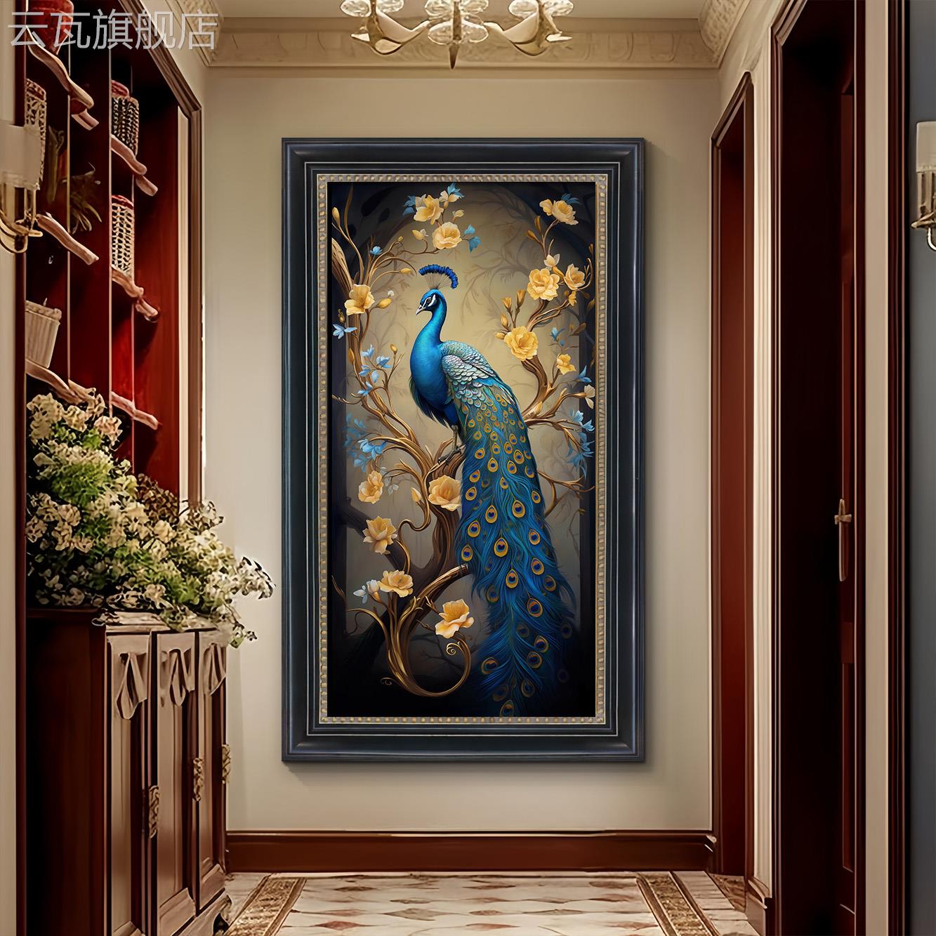 富贵孔雀玄关美式装饰画过道走廊挂画客厅法式复古欧式肌理油画图片