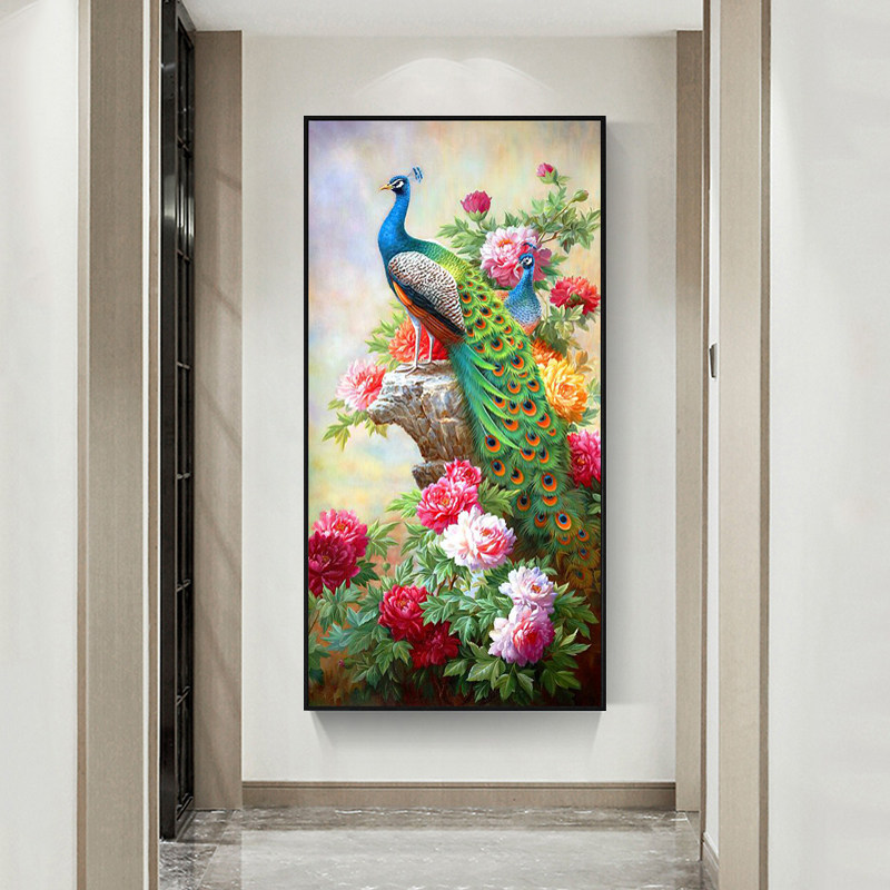 新款新中式油画手绘美式孔雀欧式牡丹入户玄关现代简约走廊轻奢装