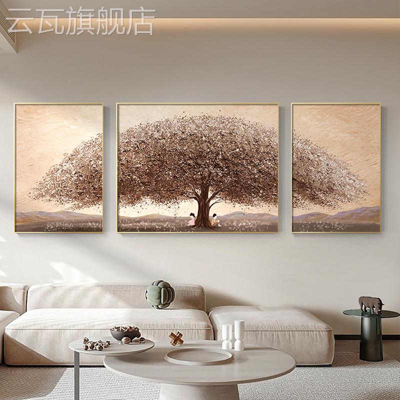 新款雪川发财树立体画肌理画大芬油画村装饰画客厅手绘三联画壁画
