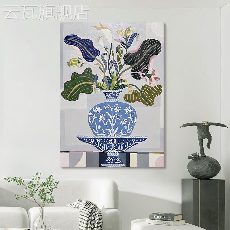 新款纯手绘油画现代简约客厅花卉装饰画入户玄关青花瓷花瓶高级感图片