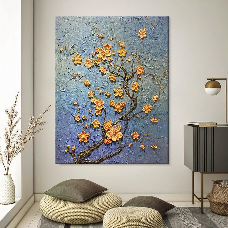 黄色立体梅花纯手绘油画花卉植物沙发背景墙客厅装饰画玄关肌理画图片