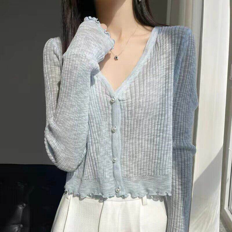 冰丝短款开衫女外衣通勤风纯色针织披肩 防晒罩衫夏季穿搭米杏色