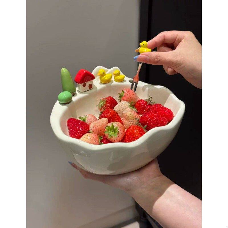 可爱小黄鸭陶瓷水果叉盘家用304水果叉套装客厅奶油风零食水果碗