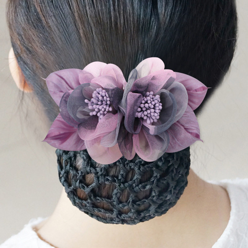 TKTK跨境韩系绢纱花朵头花饰品韩国网兜发网发饰淑女气质弹簧夹头