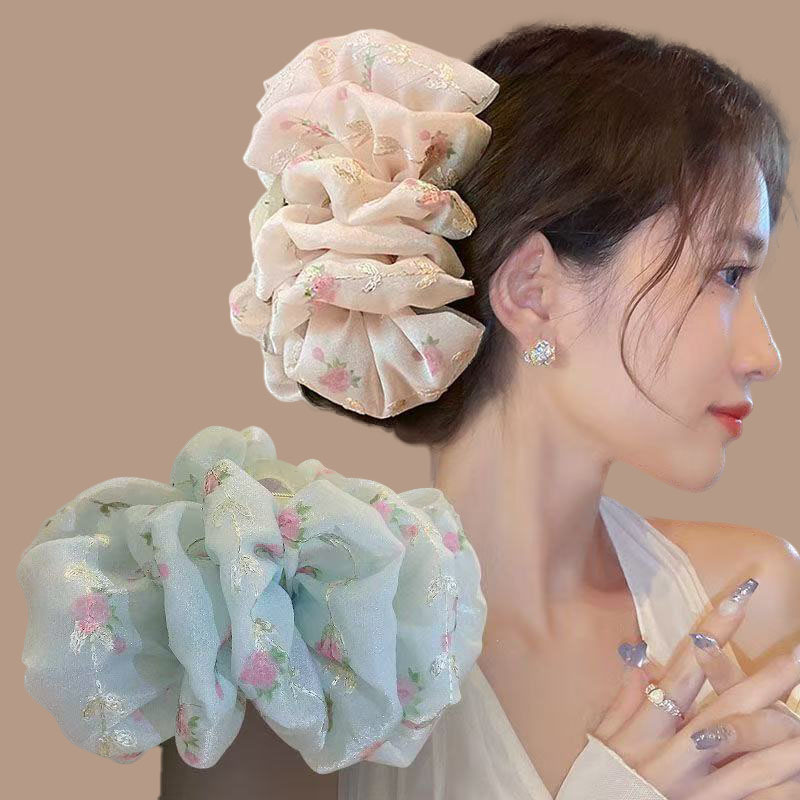 新款甜美碎花牡丹花蝴蝶结抓夹大号优雅发夹女后脑勺盘发鲨鱼夹