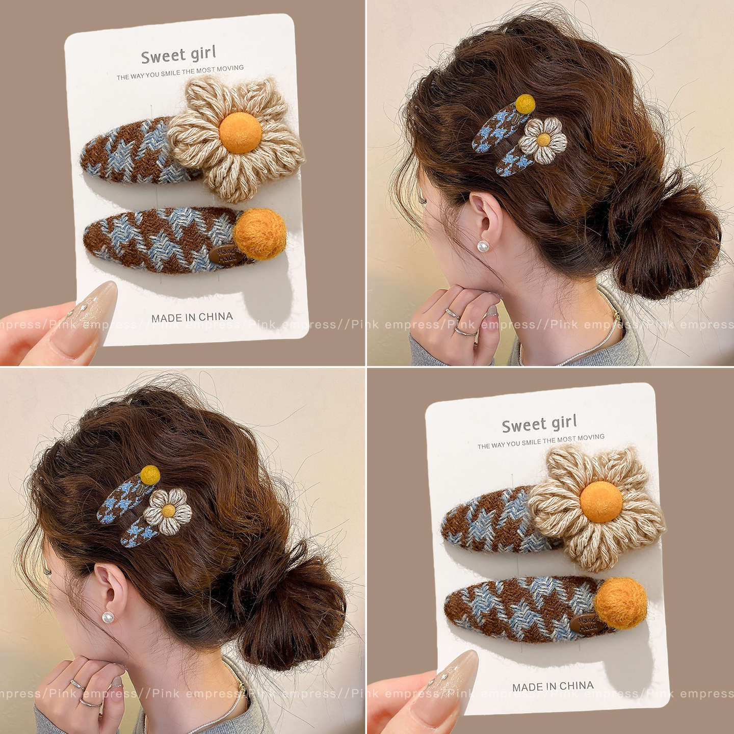 格纹毛线花朵发夹女边夹侧边碎发刘海夹前额发卡2025新款夹子头饰