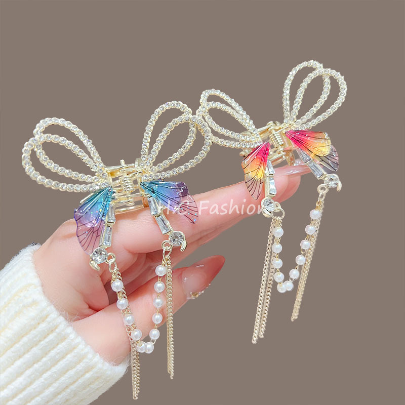 感彩色蝴蝶珍珠流苏抓夹精致甜美半扎发卡超仙鲨鱼发夹饰品