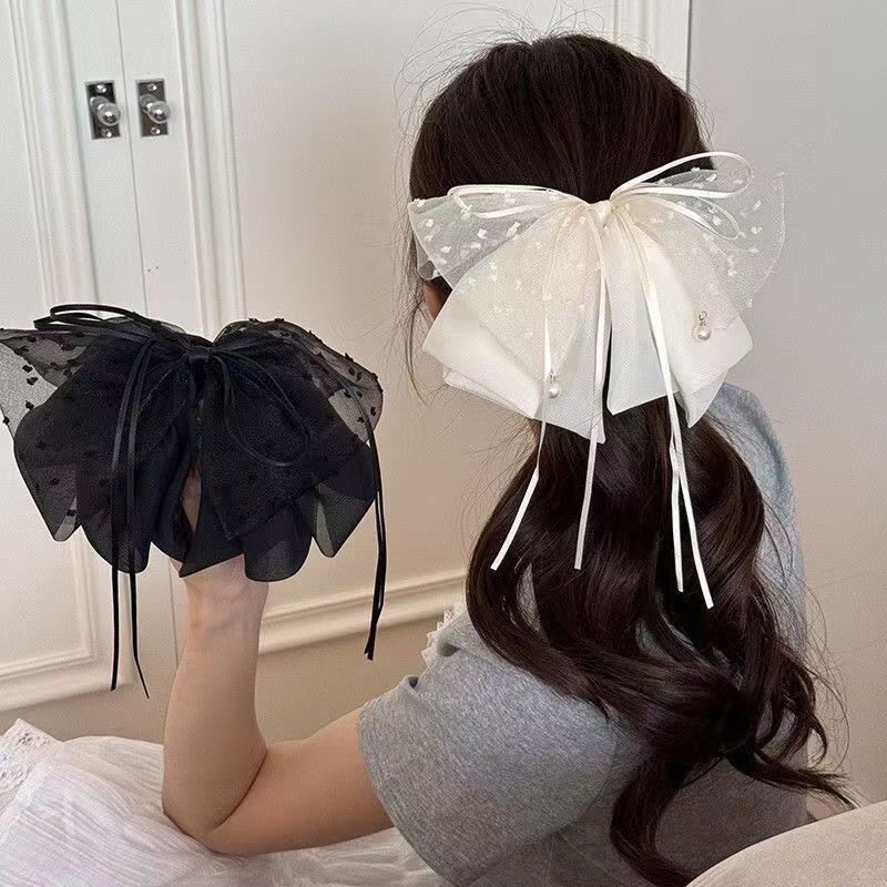 新款网纱蝴蝶结马尾抓夹后脑勺夹子头饰气质温柔半扎马尾发夹饰品
