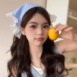 tktk红蓝格纹蕾丝发带女包头巾三角巾田园风头箍海边拍照感发饰