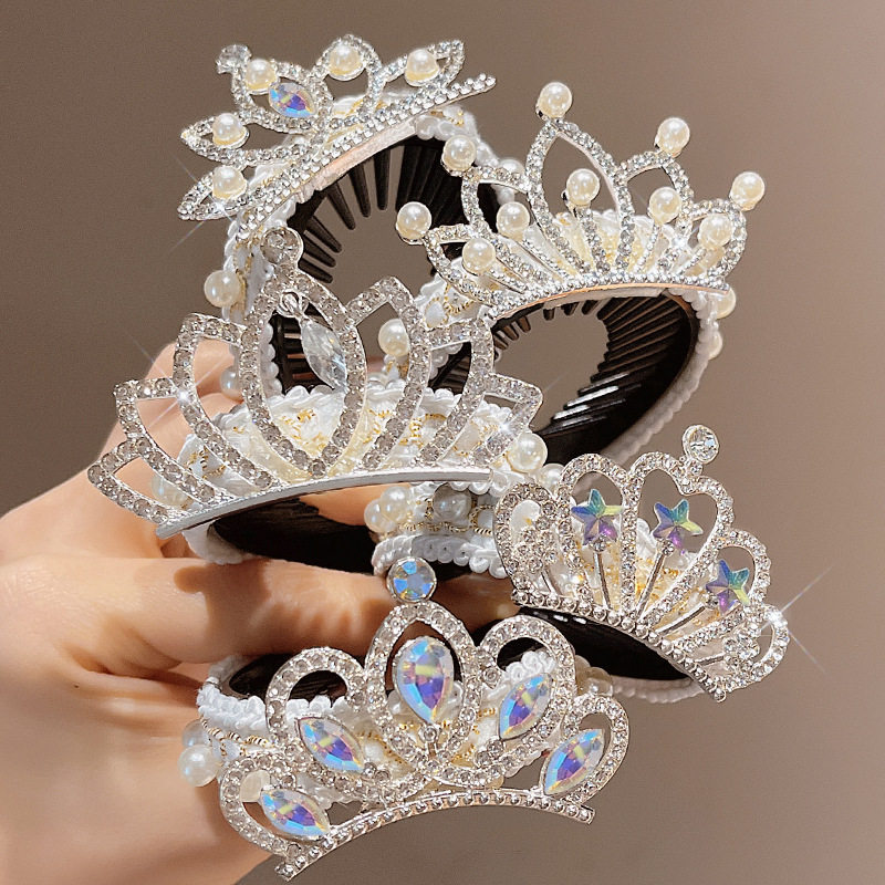 tktk公主风珍珠皇冠发饰女童丸子头盘发固定头饰