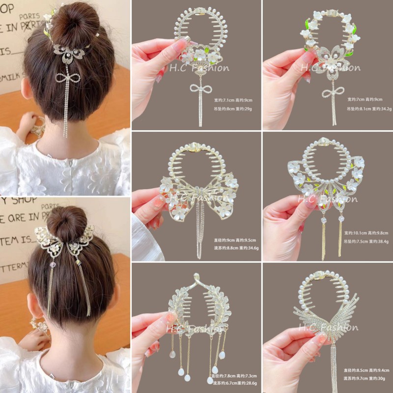 新中式新款女气质花朵丸子头发夹翅膀流苏马尾扣后脑勺盘发头饰