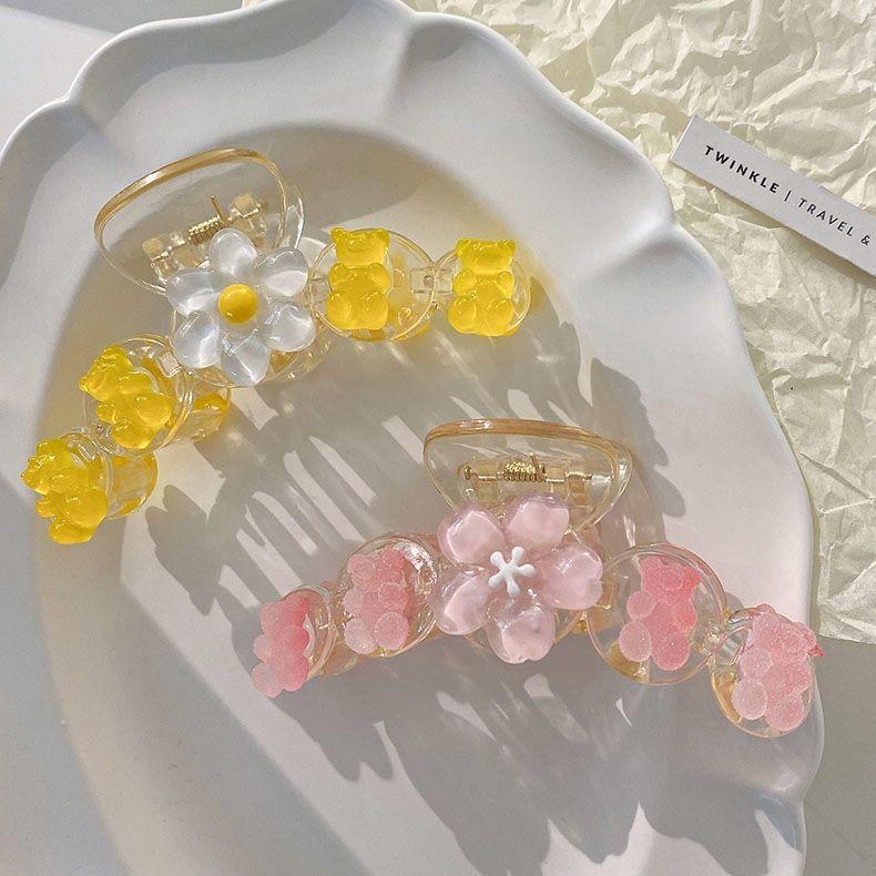 甜美可爱樱花小熊透明大号抓夹感后脑勺鲨鱼夹盘发夹子头饰女