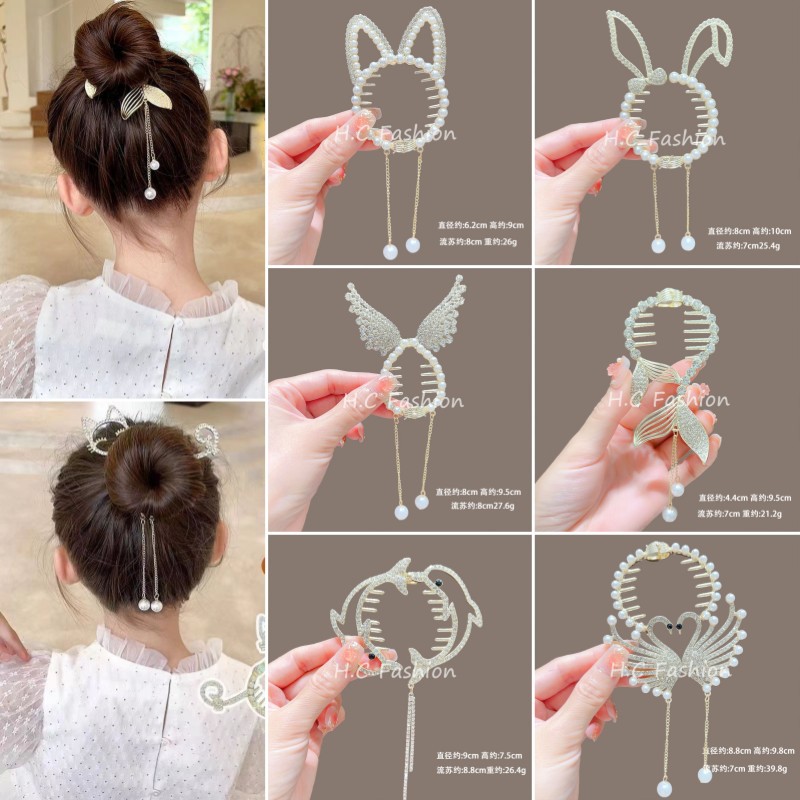 儿童丸子头固定珍珠水钻抓夹不伤发后脑勺马尾扣女童发卡头饰