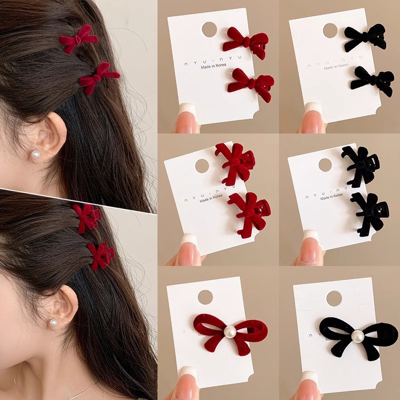 TKTK新年公主头饰红色绒面蝴蝶结发夹侧边刘海碎发小抓夹女发卡