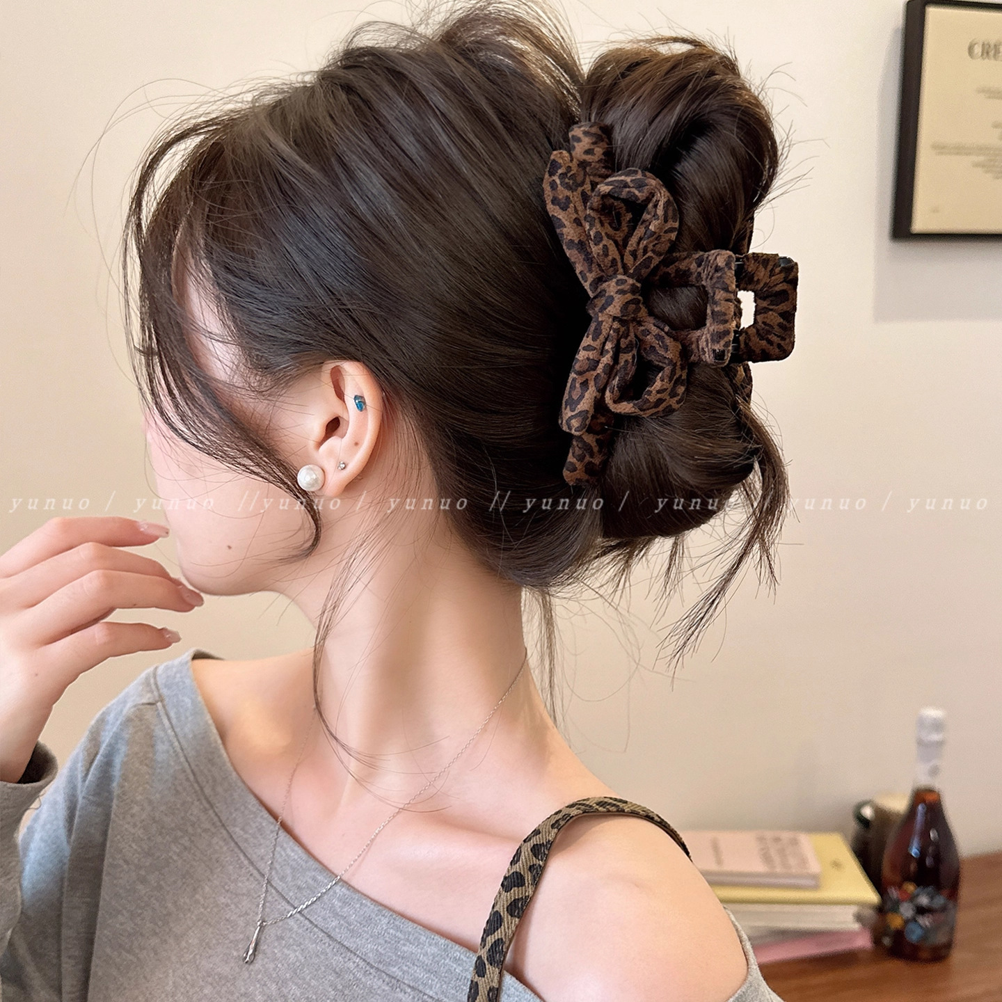 tktk韩系秋冬复古豹纹蝴蝶结抓夹女气质鲨鱼夹子后脑勺饱满发夹感