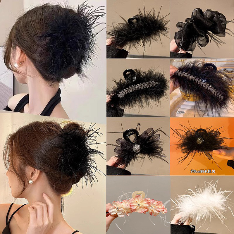 tktk2025秋冬新款鸵鸟毛鲨鱼夹超仙羽毛发抓感后脑勺抓夹头饰爆款