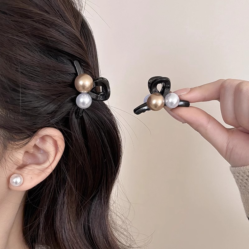 TKTK深棕珍珠侧边发夹女款丝绒抓夹公主头饰刘海卡优雅黑色发卡