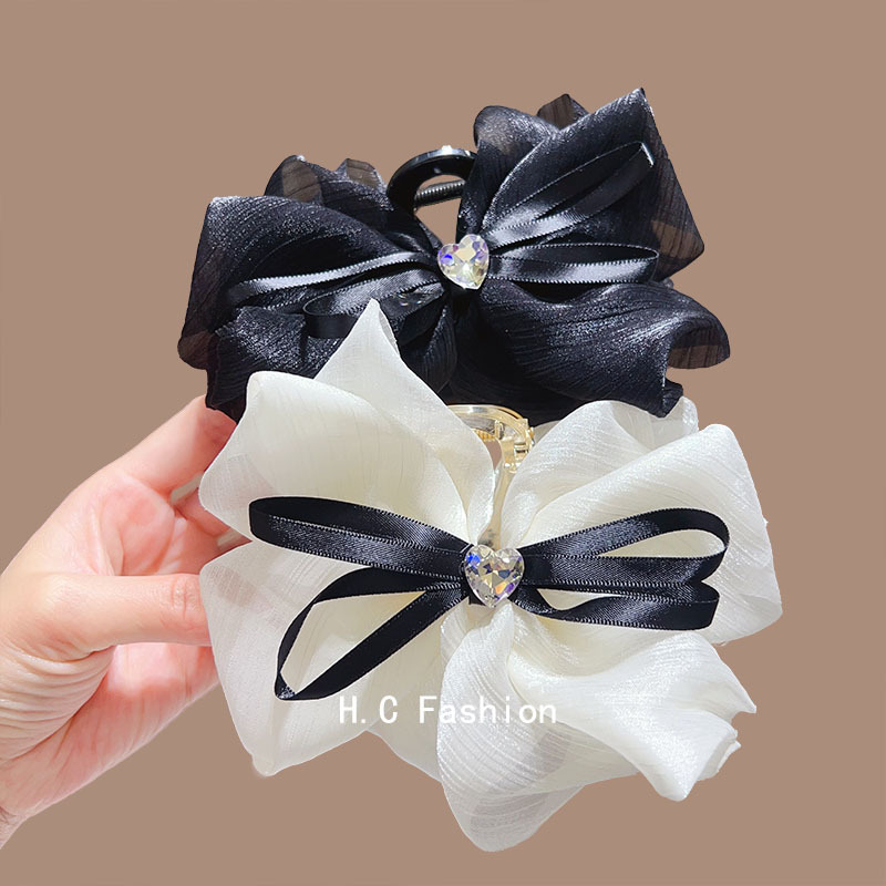 新款韩国气质黑白蝴蝶结抓夹女大号时尚感后脑勺盘发发夹头饰