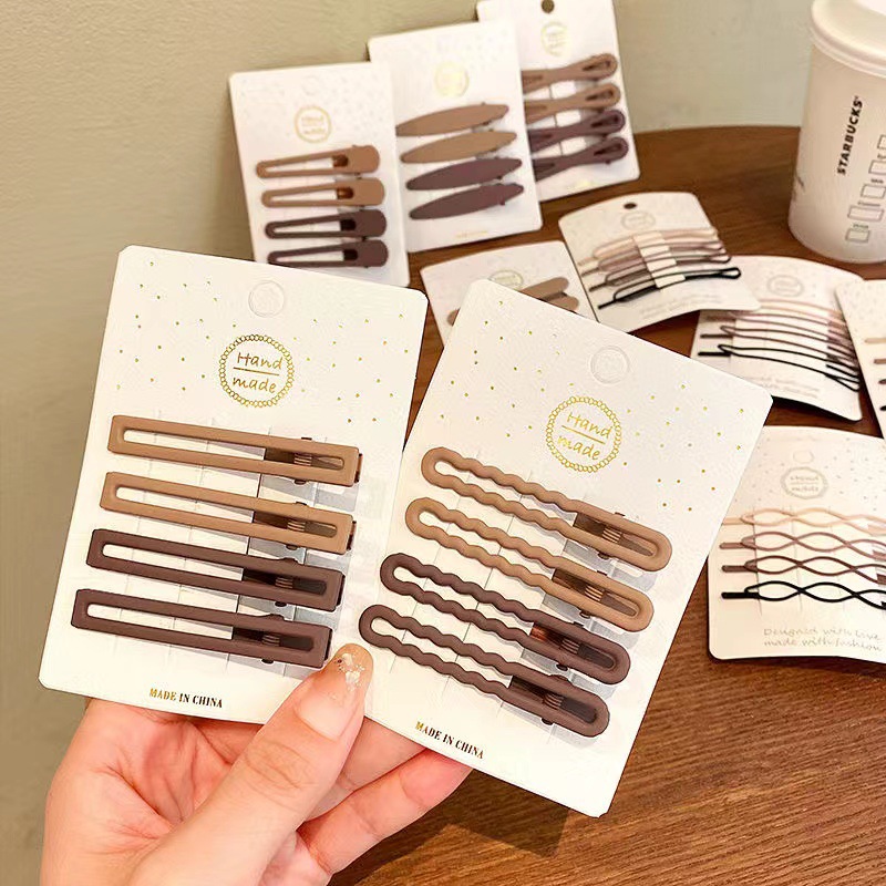 4个/套 简约渐变咖色系无痕发夹鸭嘴夹刘海侧边夹子后脑勺发卡女