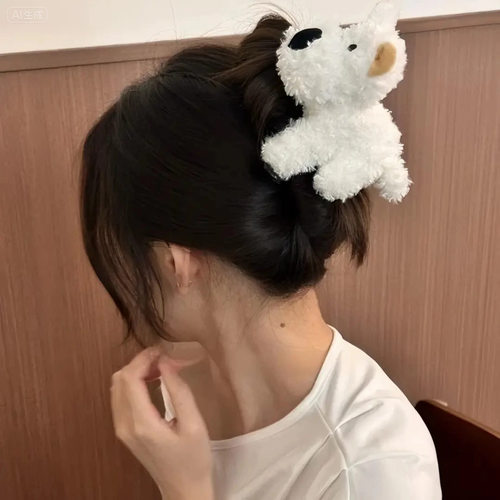 TKTK卡通白色小狗鸭嘴夹女秋冬2025新款毛绒西高地侧边夹软萌可爱