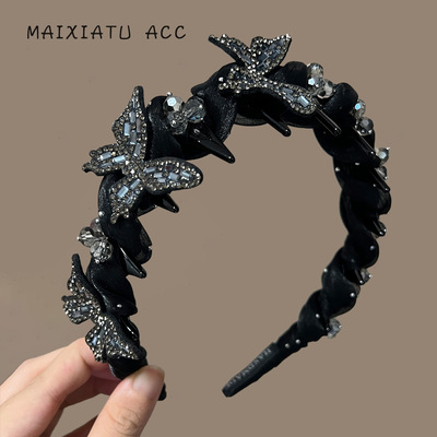 兰诺黑色水晶蝴蝶发箍女款带齿2025新款感日常外戴高颅顶头箍
