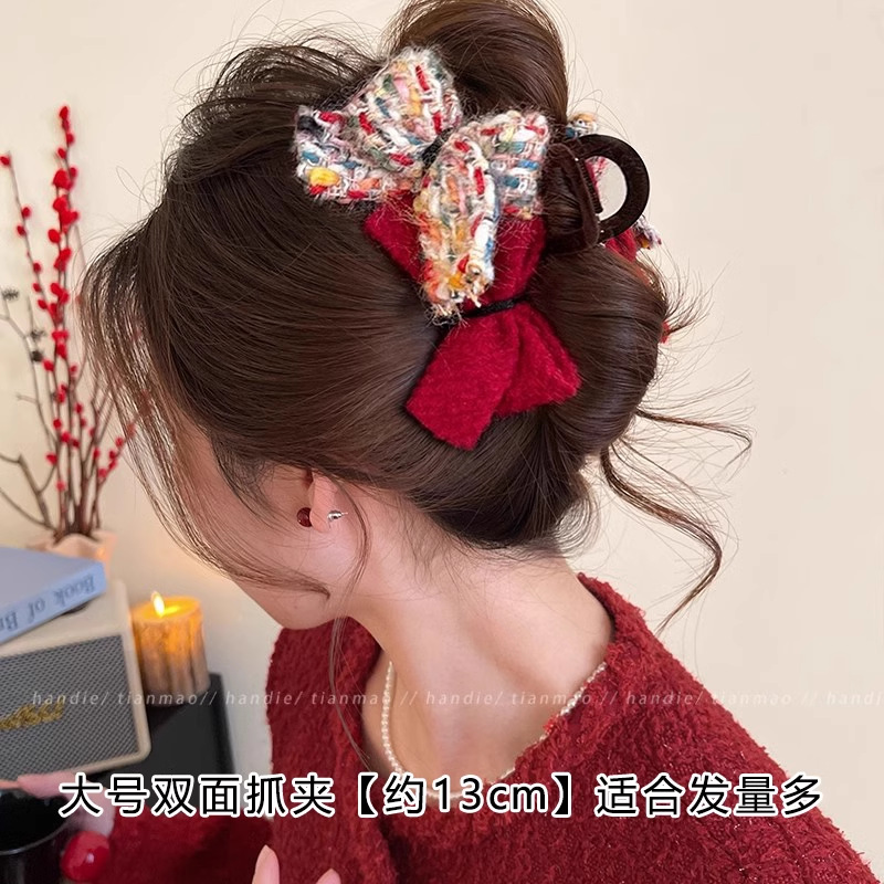 tktk新年红撞色蝴蝶结抓夹大号女2025新感鲨鱼夹子发夹后脑勺头饰
