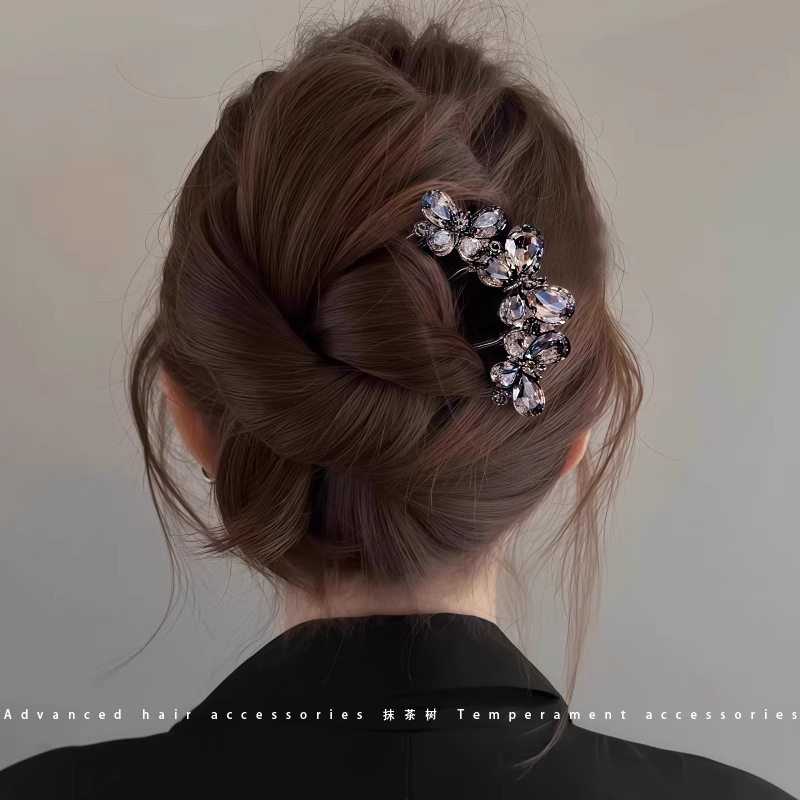 TKTK典雅复古水晶蝴蝶发钗U型簪汉服盘发器后脑勺发插旗袍发饰梳