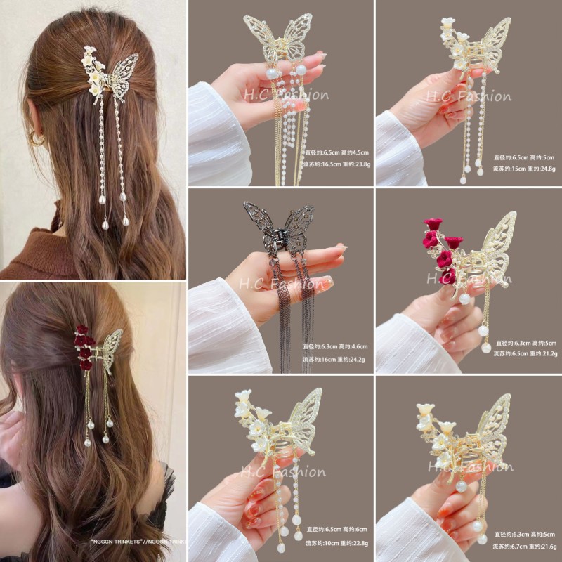 新中式步摇流苏铃兰花双拼蝴蝶发夹女超仙后脑勺抓夹鲨鱼夹子头饰