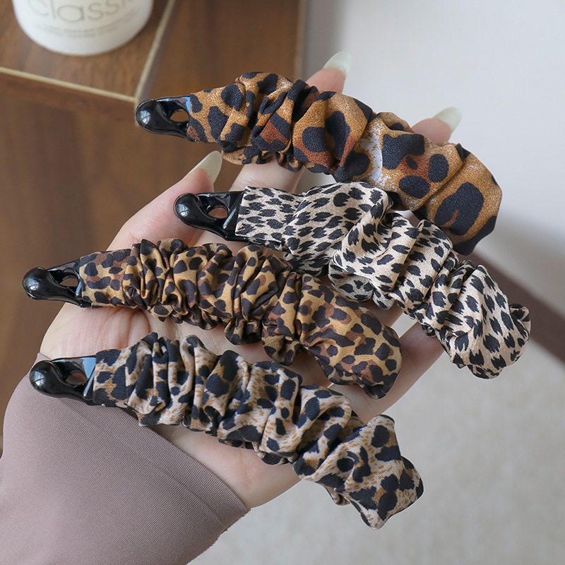 韩国ins法式复古褶皱豹纹布艺发夹香蕉夹后脑勺夹子气质简约日系