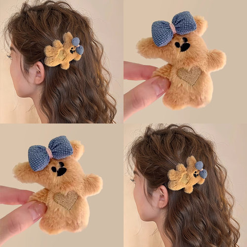 TKTK可爱毛绒小熊蝴蝶结发夹女2025新款前额刘海夹碎发夹bb夹发卡