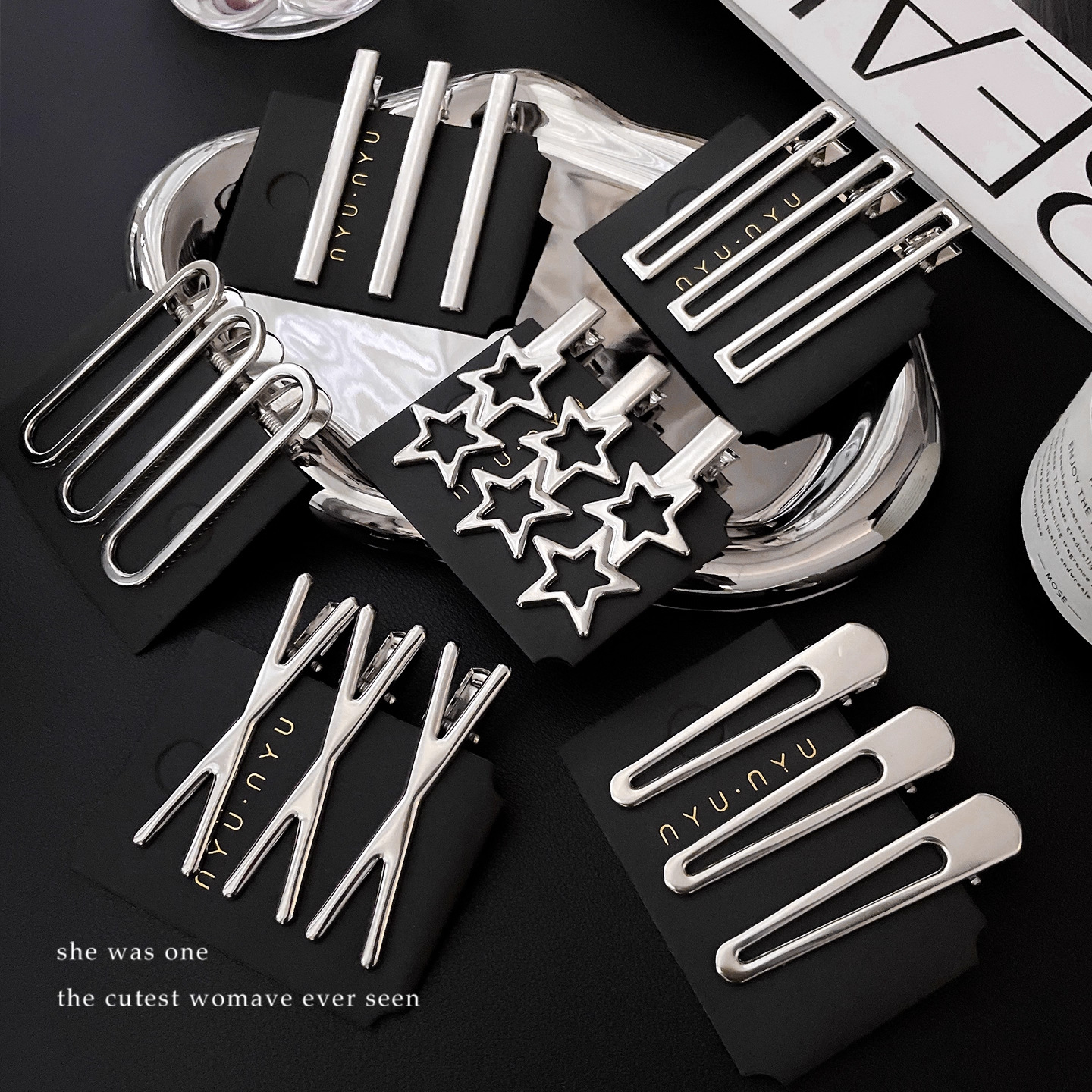 TKTK银色金属镂空星星发夹侧边刘海夹女前额碎发鸭嘴夹子一字发卡