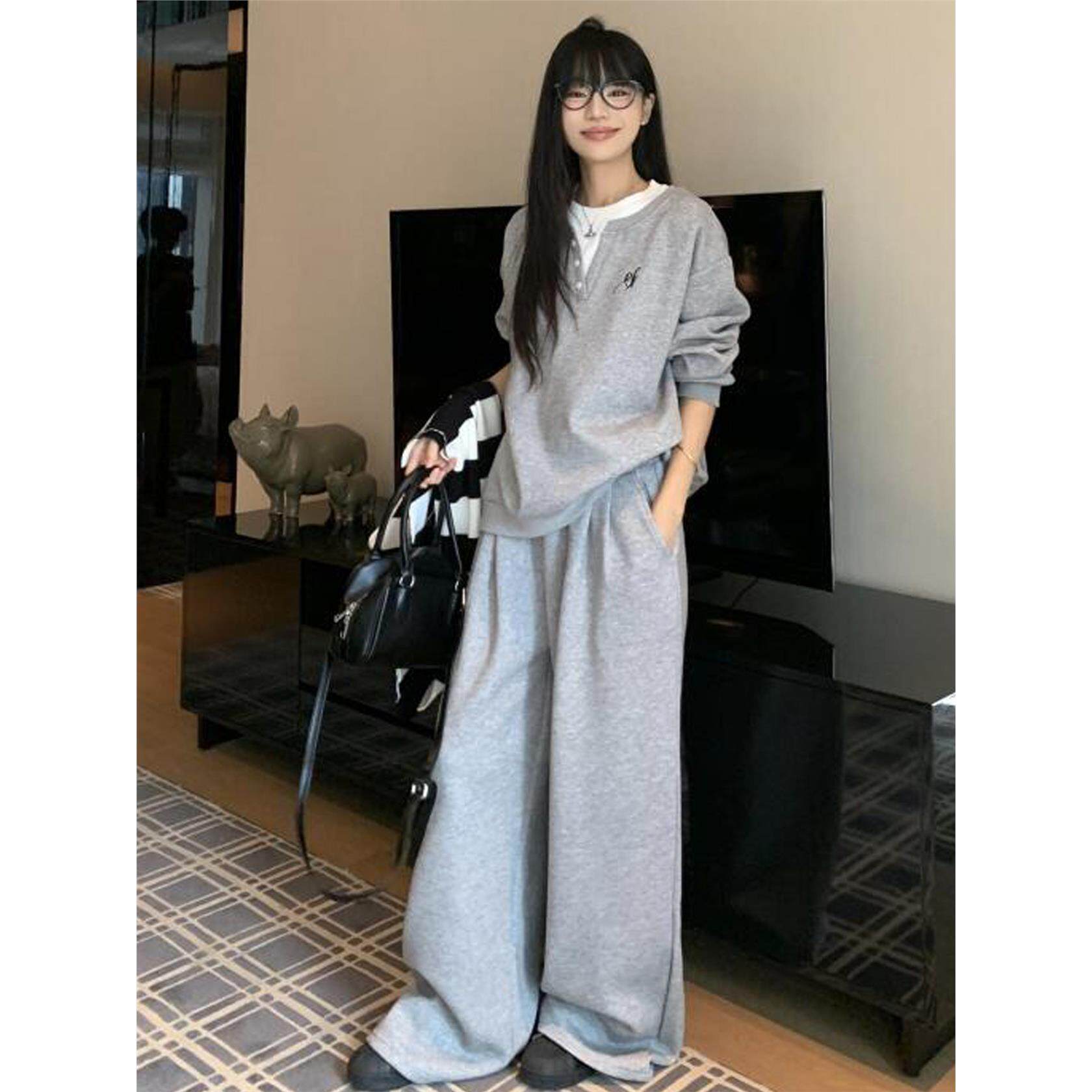 韩系通勤休闲运动套装女秋冬季高级感假两件长袖卫衣阔腿裤两件套