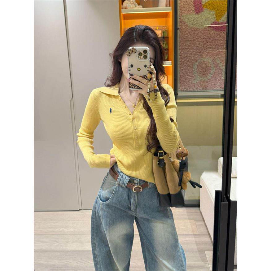 高级老钱风羊毛纽扣针织衫女秋冬修身收腰显瘦内搭毛衣长袖上衣