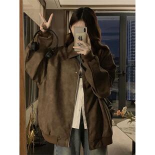 美式 彷麂皮绒高级情侣百搭休闲夹克 覆古棕色翻领外套女2026春秋款