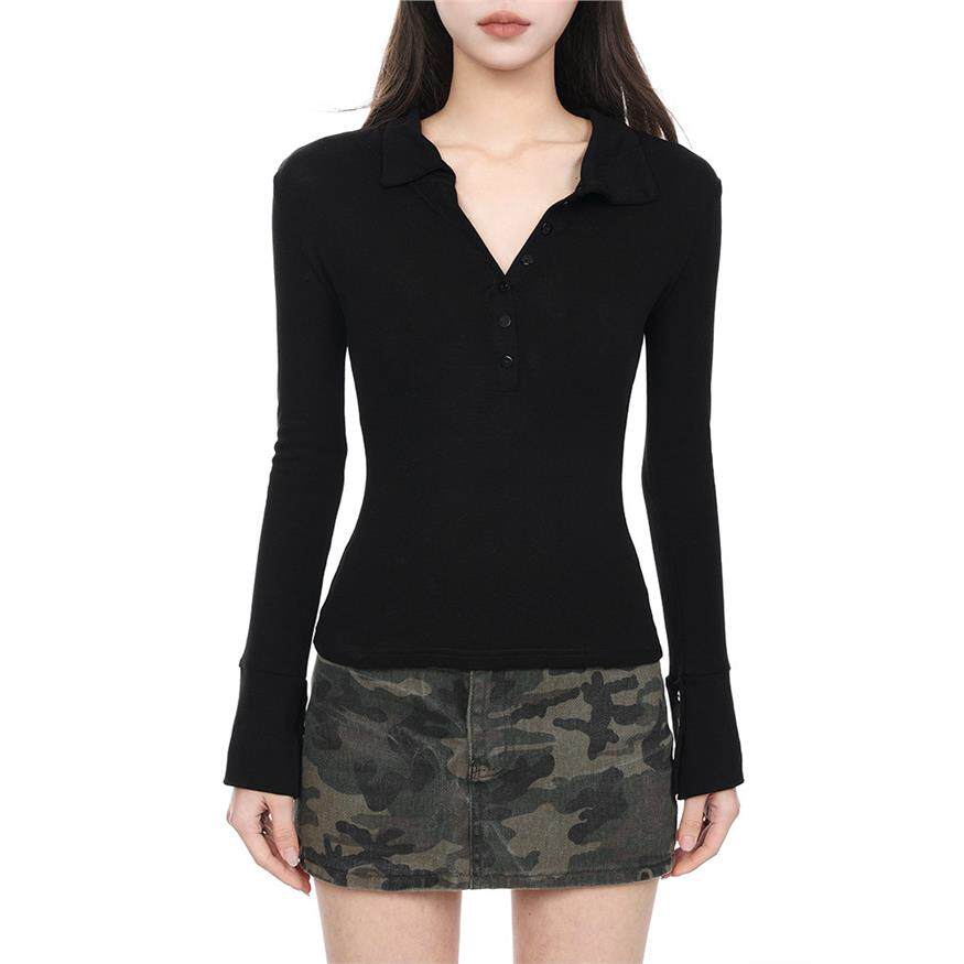 黑色polo领针织长袖t恤上衣女秋2026新款爆款修身显瘦正肩打底衫