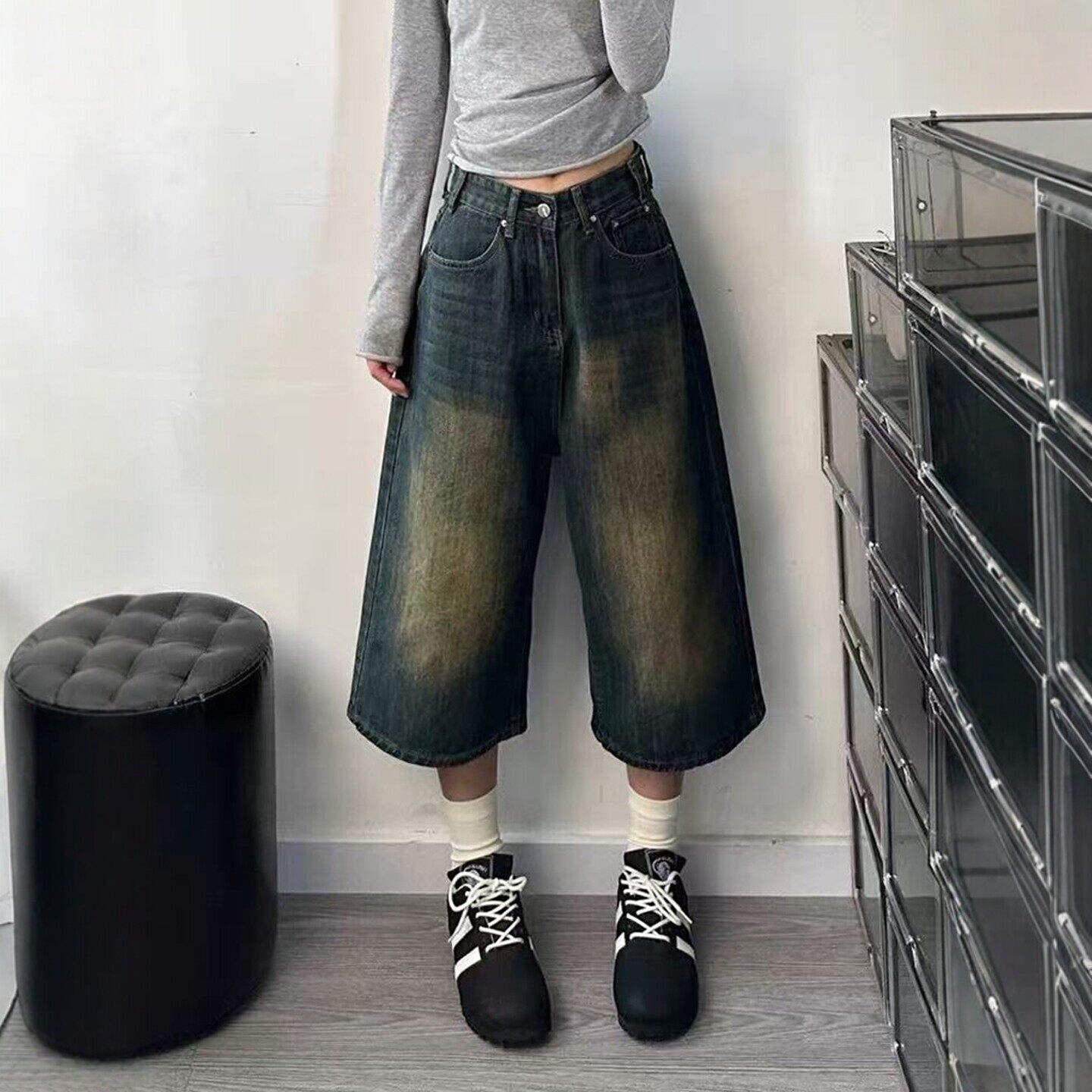美式复古阔腿牛仔短裤女