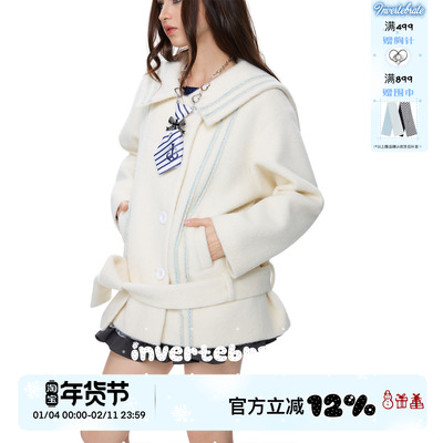 lnvertebrate 原创设计中长保暖毛呢大衣秋冬海军领收腰显瘦外套