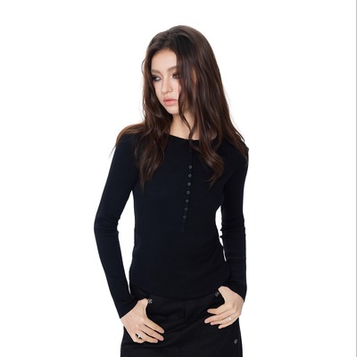 invertebrate绵羊毛亨利领针织衫女修身打底毛衣内搭小众设计上衣