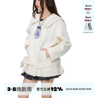 lnvertebrate 原创设计中长保暖毛呢大衣秋冬海军领收腰显瘦外套