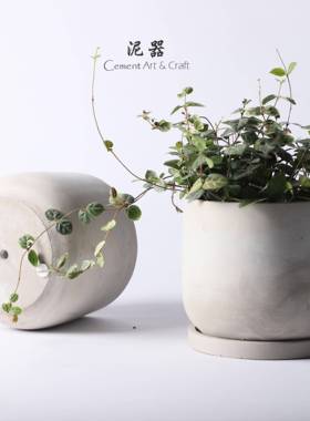 泥器带圆形素极盆简LWY北欧禅意水泥花器盆绿植虎皮兰透气托盘桌